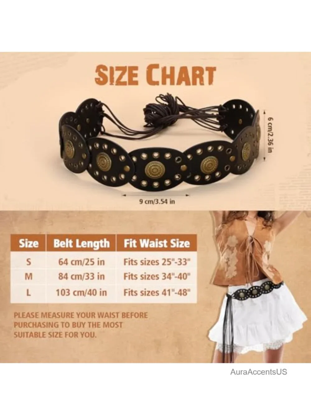 Women's Boho Disc Belt Concho Western Cowgirl Wide Vintage Faux Leather Waist